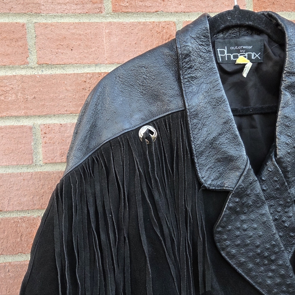 Outerwear By Phoenix Suede Fringed Ostrich Print Leather Vintage Women's Jacket - Picture 2 of 8